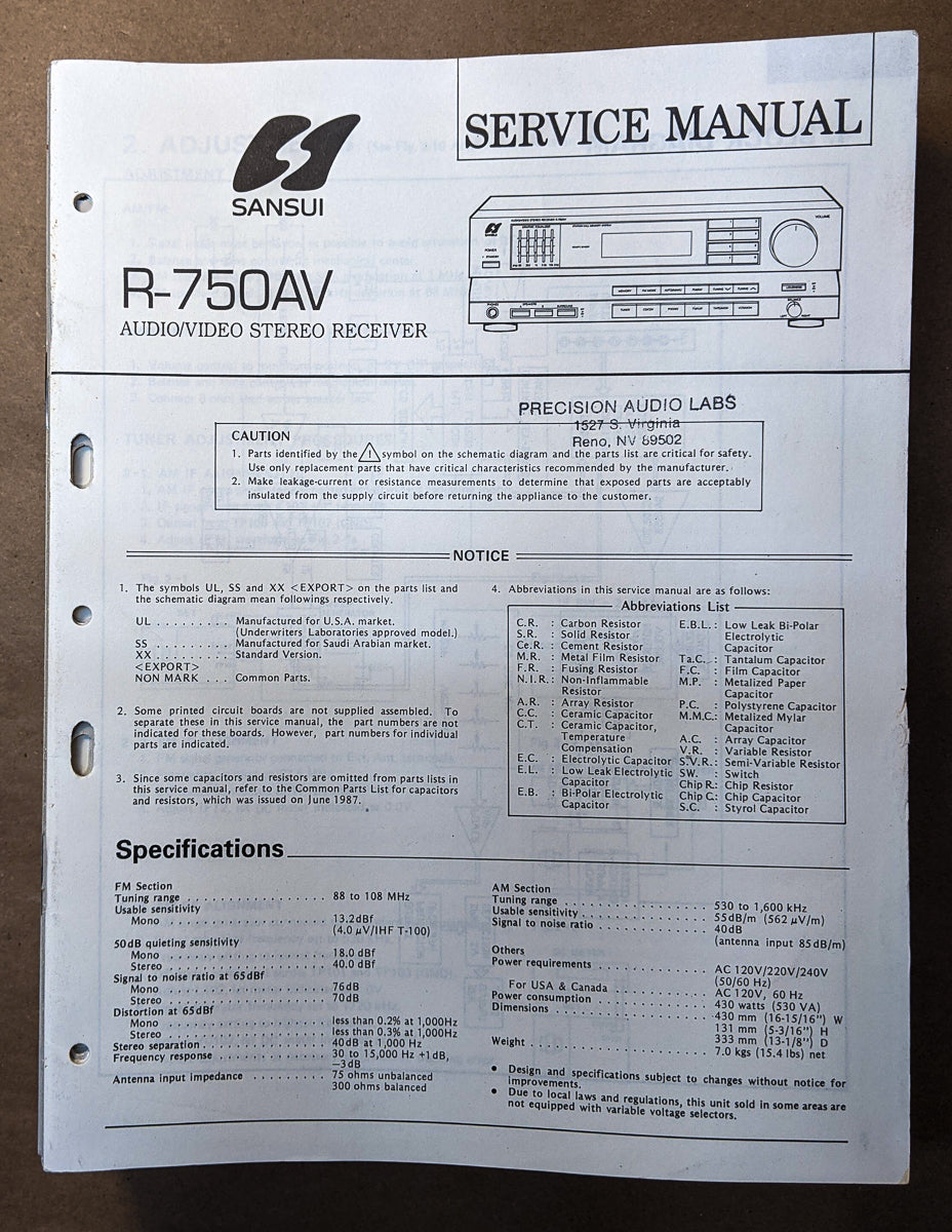 Sansui R-750AV R-750 AV Receiver Service Manual *Original*