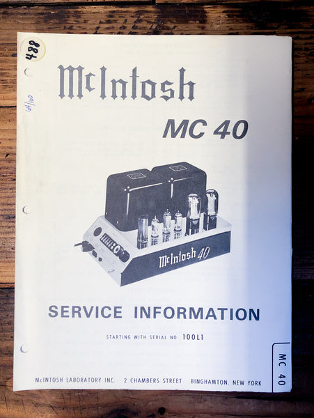 McIntosh MC40 MC-40 Amplifier  Service Manual *Original*