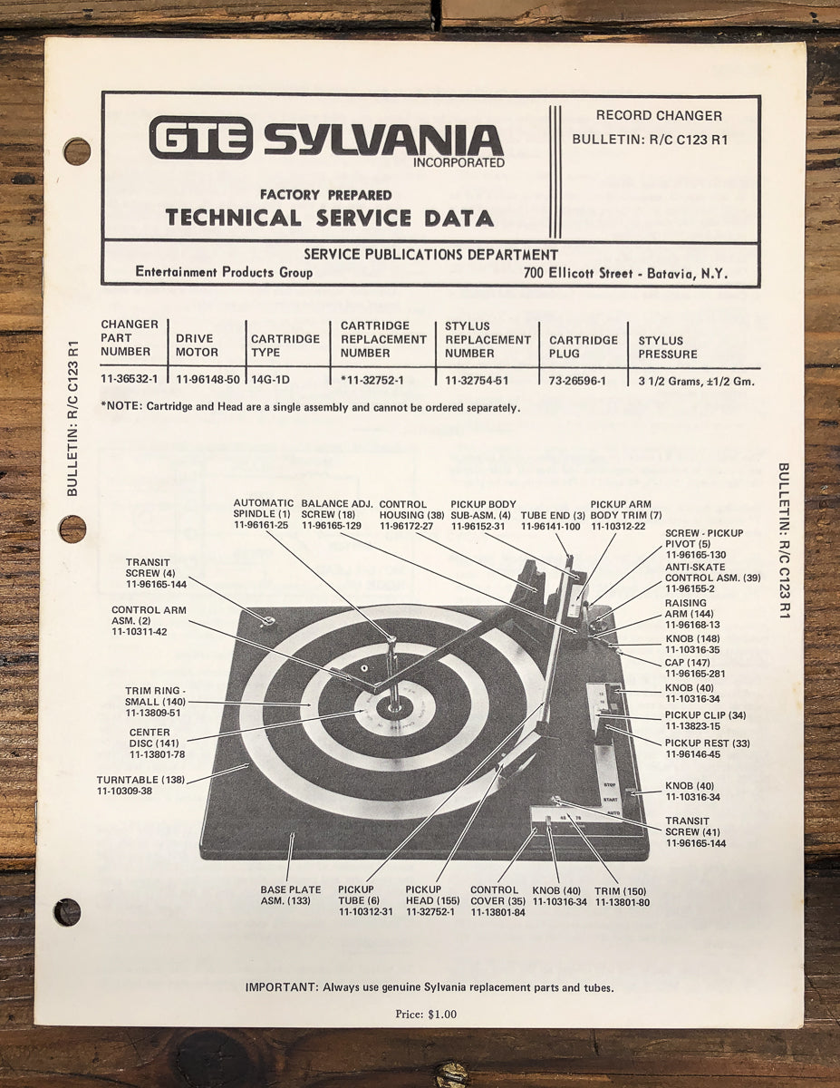 Sylvania / BSR  R/C Model C123 C-123 R1 Record Changer Service Manual *Original*
