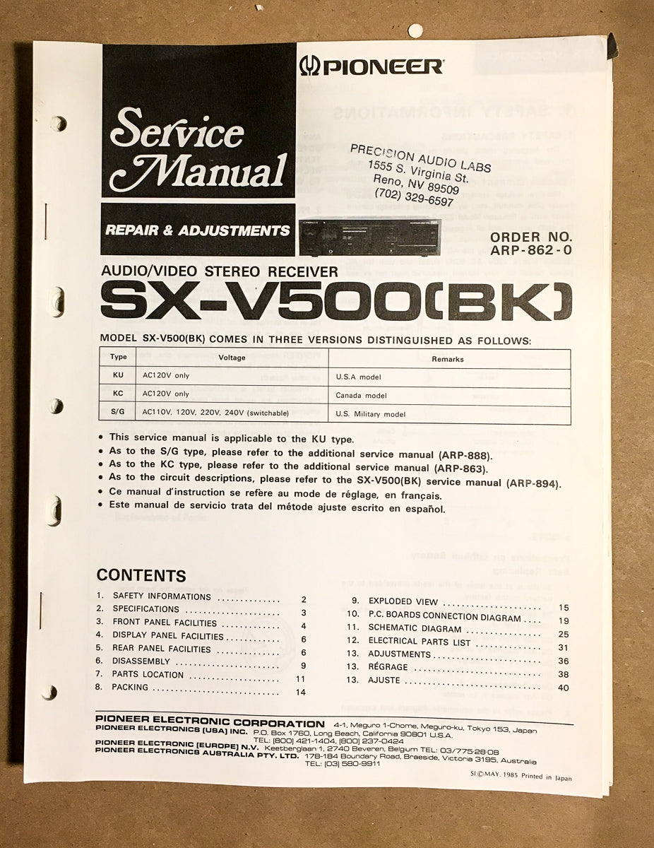 Pioneer SX-V500 Receiver Service Manual *Original* #2