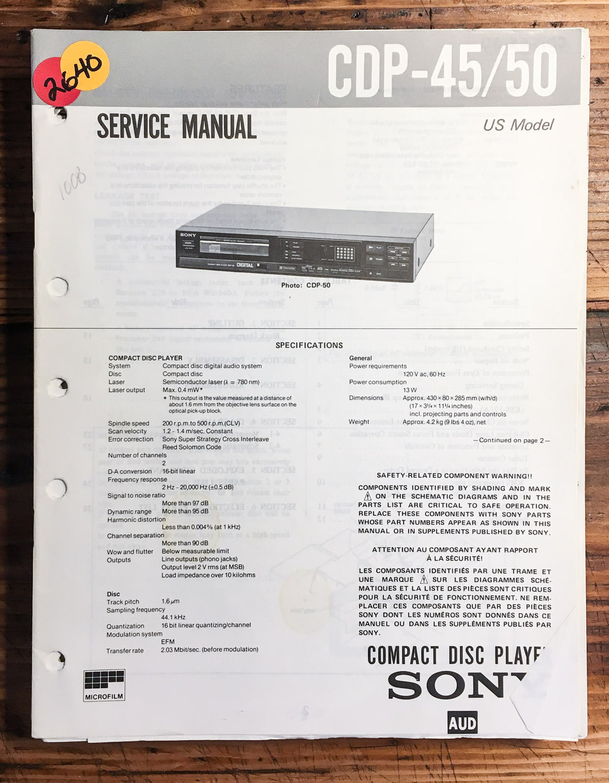Sony CDP-45 CDP-50 CD Player  Service Manual *Original*