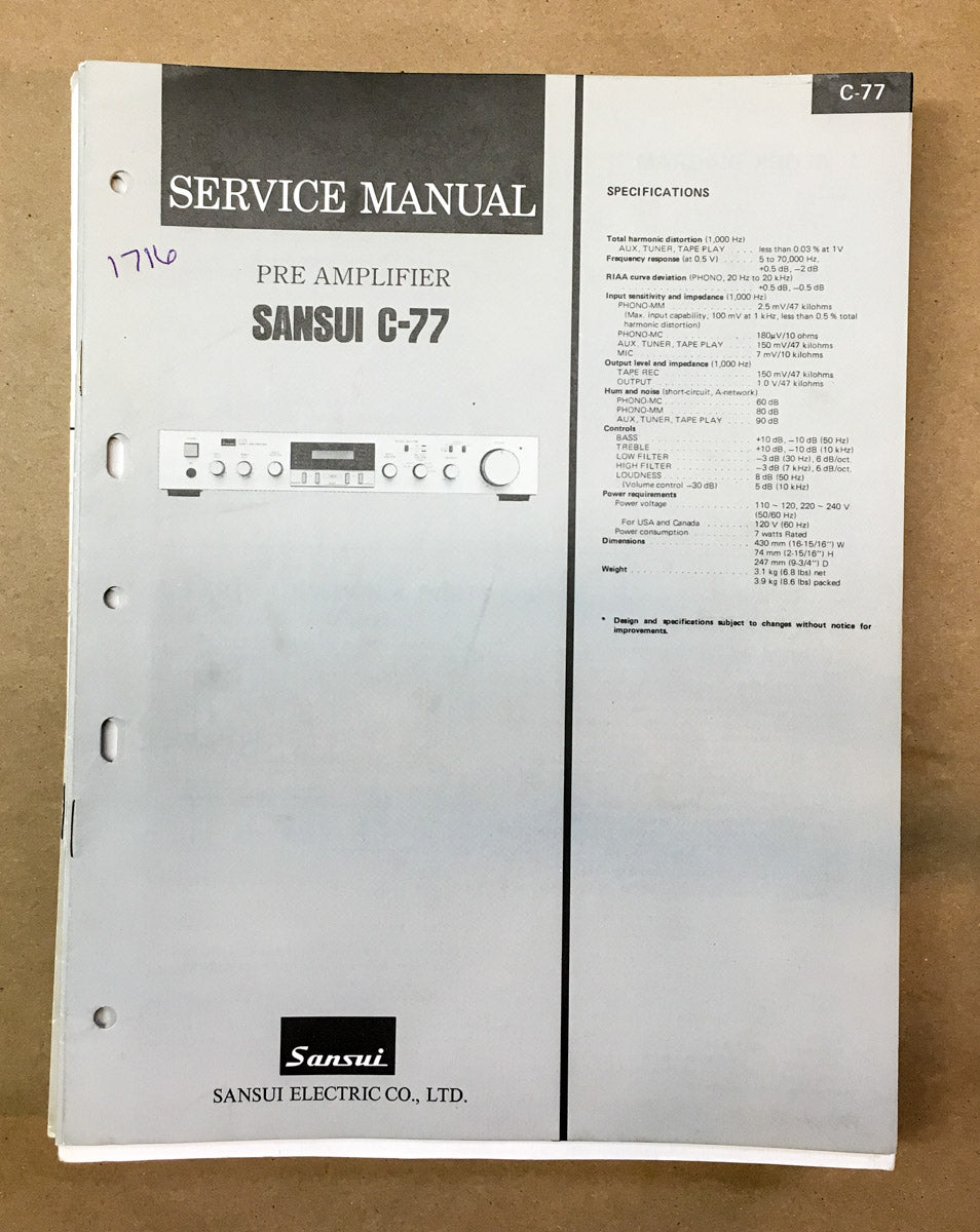 Sansui C-77 Preamp / Preamplifier  Service Manual *Original*