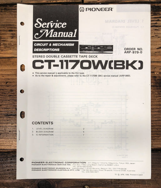 Pioneer CT-1170W Cassette Service Manual *Original* #1