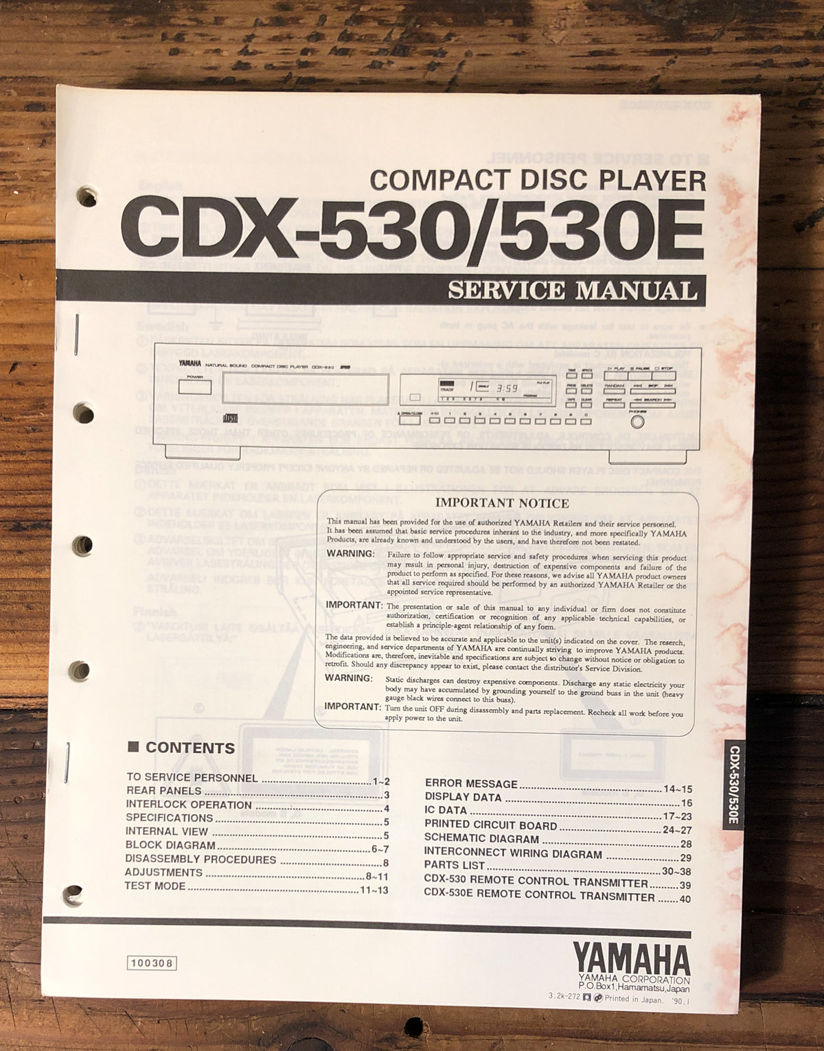 Yamaha CDX-530 CDX-530E CD Player  Service Manual *Original*