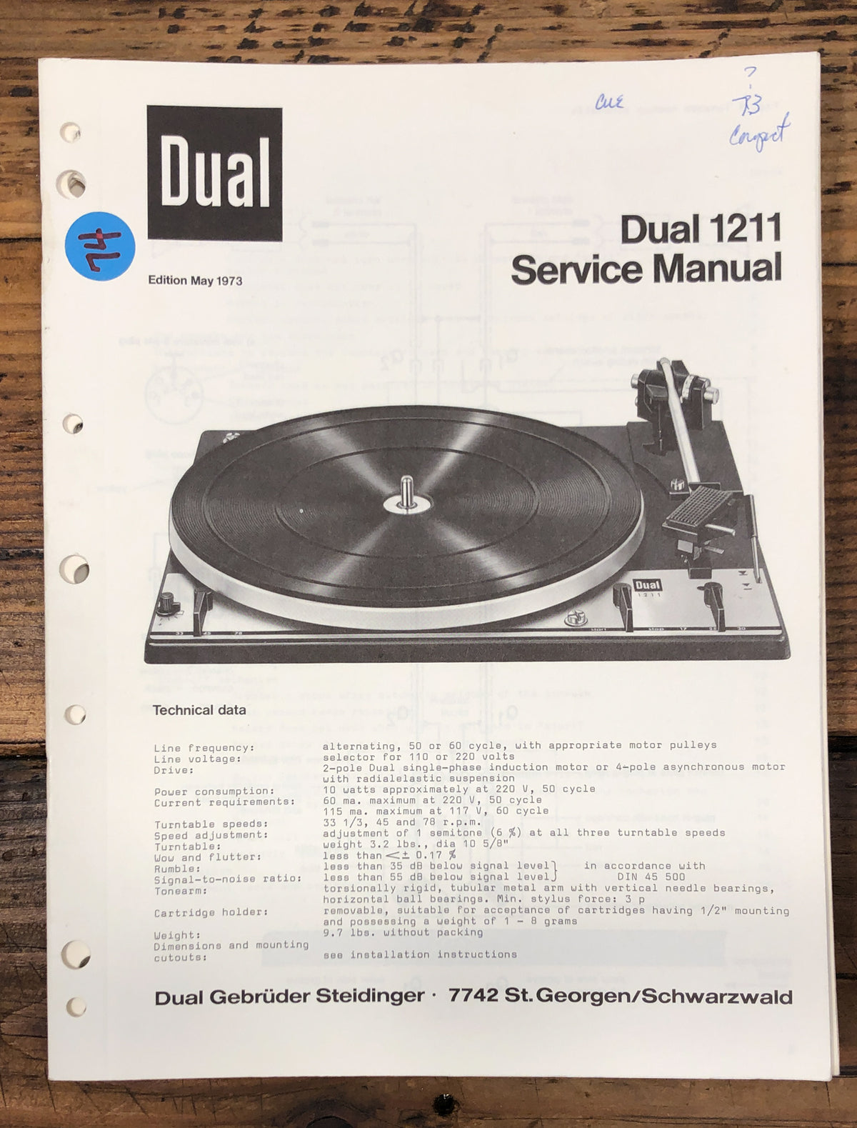 Dual Model 1211 Record Player / Turntable  Service Manual *Original*
