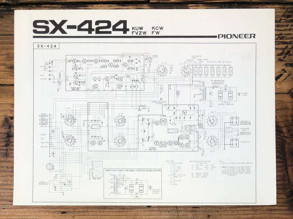Pioneer SX-424 KUW KCW Receiver Fold Out Schematic *Original*