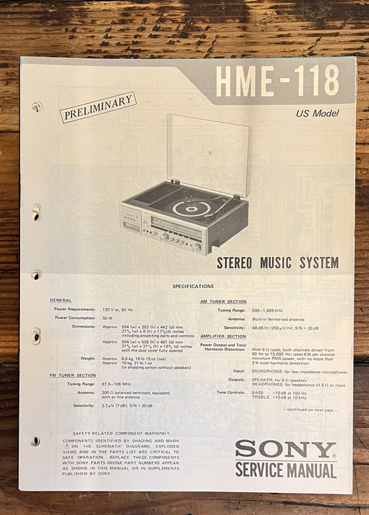 Sony HME-118 Stereo Prelim. Service Manual *Original*