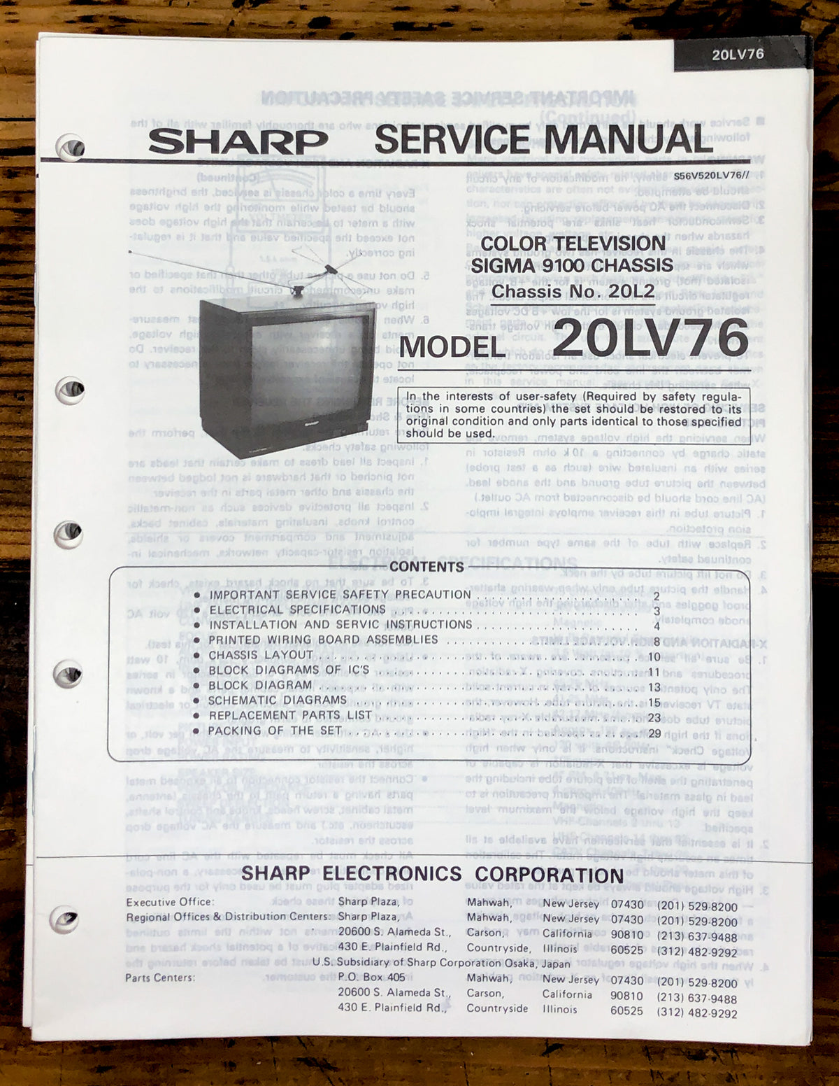 Sharp 20LV76 TV / Television Service Manual *Original*