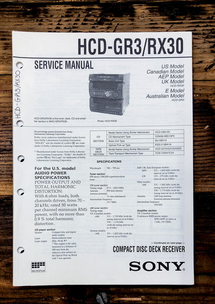 Sony HCD-GR3 HCD-RX30 Stereo  Service Manual *Original*