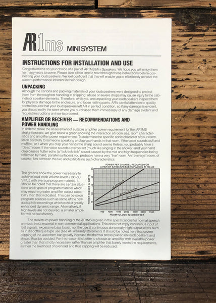 Acoustic Research ARms Stereo Owners / User Manual *Original*