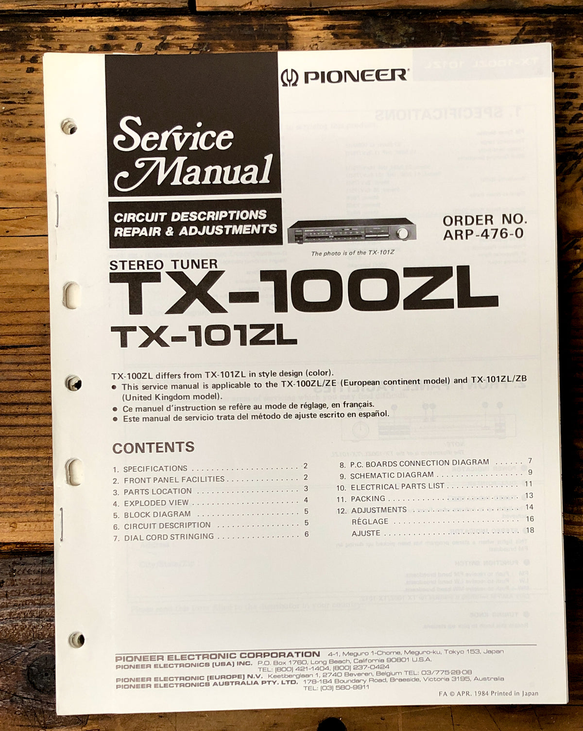 Pioneer TX-100ZL TX-101ZL Tuner Service Manual *Original*