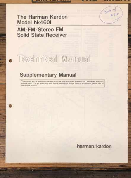 Harman Kardon HK460i HK-460i Receiver Supp. Service Manual *Original*