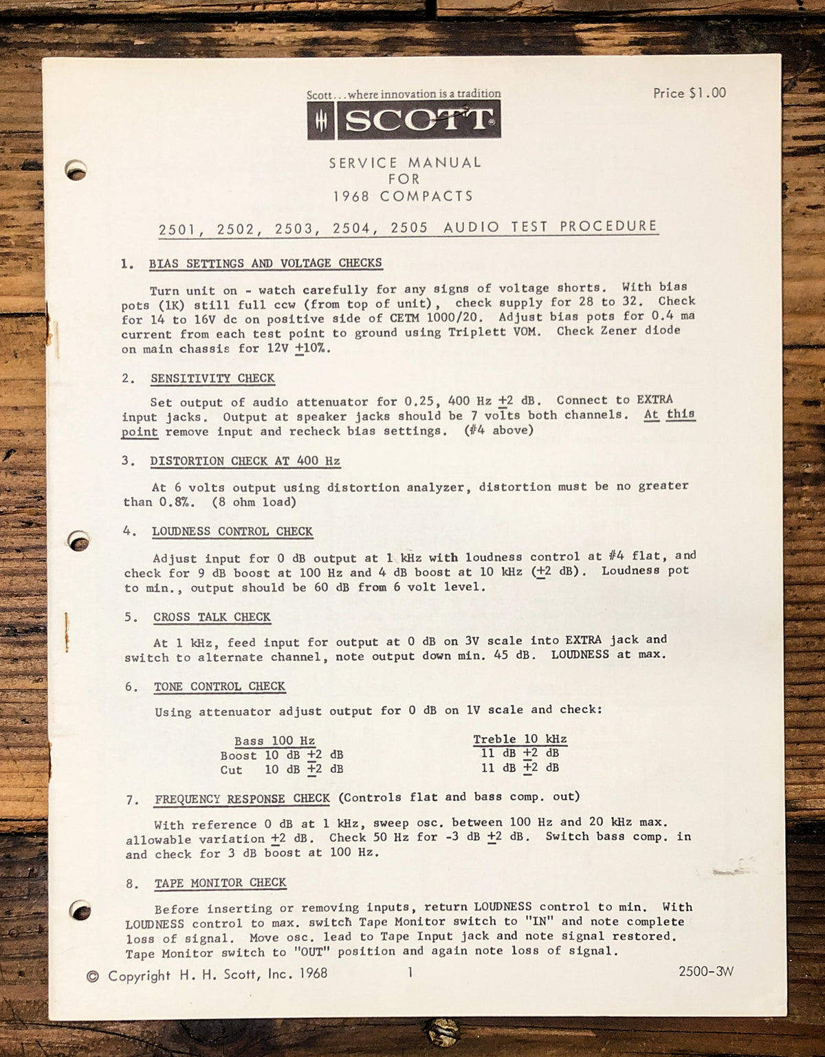 HH Scott Model 2501 2502 2503 Receiver Audio Test Procedure Manual *Orig*