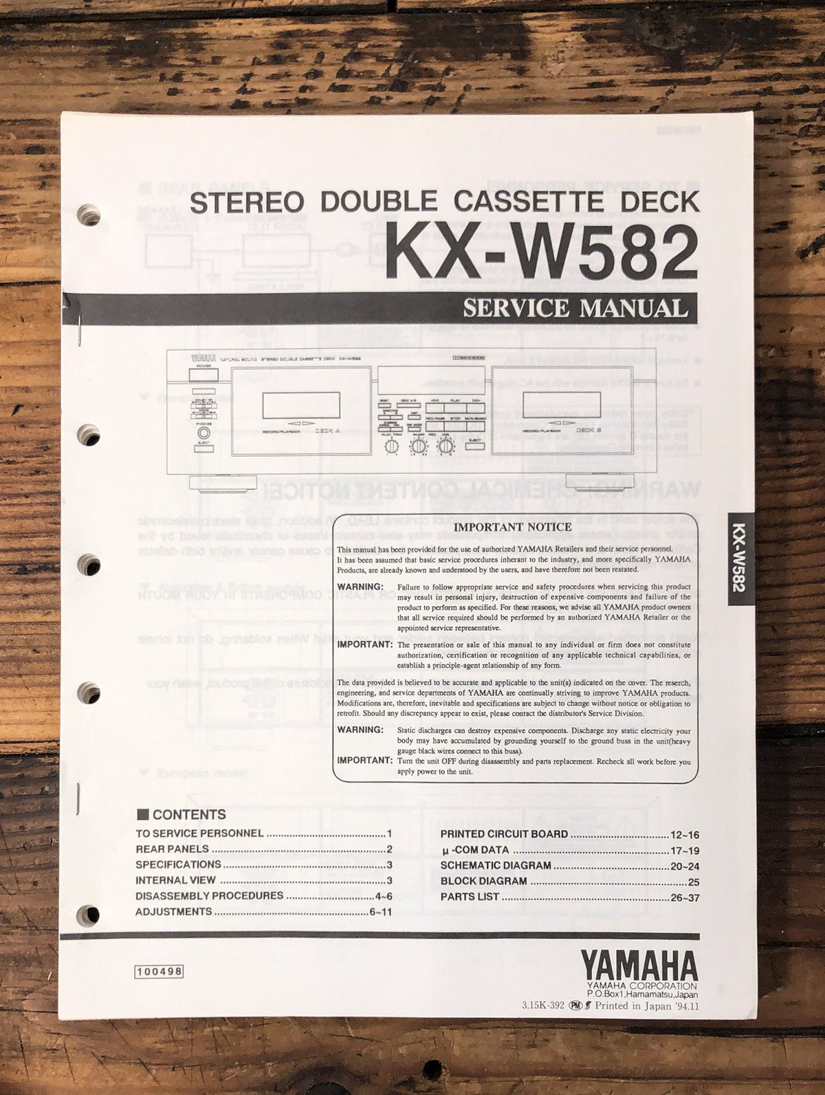 Yamaha KX-W582 Cassette Service Manual *Original*