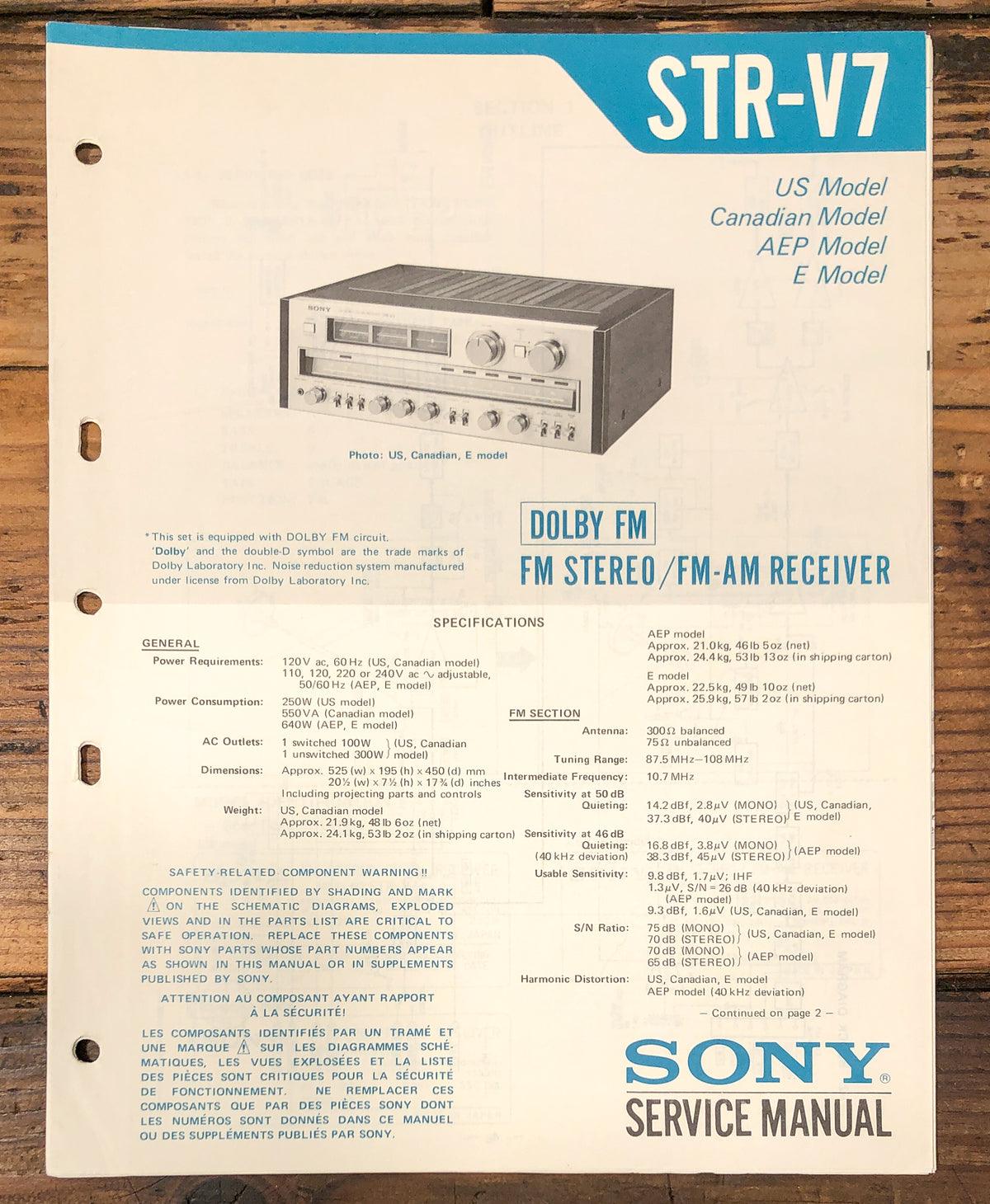 Sony STR-V7 Receiver Service Manual *Original*