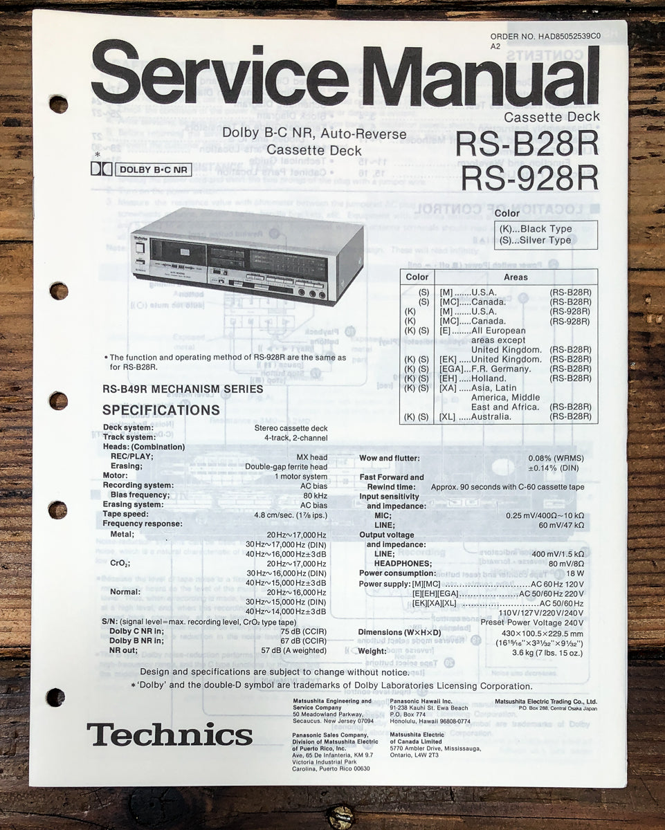 Technics RS-B28R RS-928R Cassette Service Manual *Original*