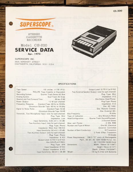 Superscope CS-200 Tape Recorder Service Manual *Original*