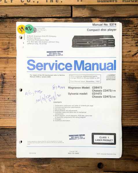 Philips CD1473 CDB473 CD Player  Service Manual *Original*