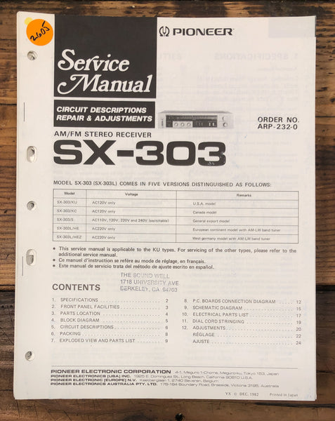 Pioneer SX-303 Receiver  Service Manual *Original*