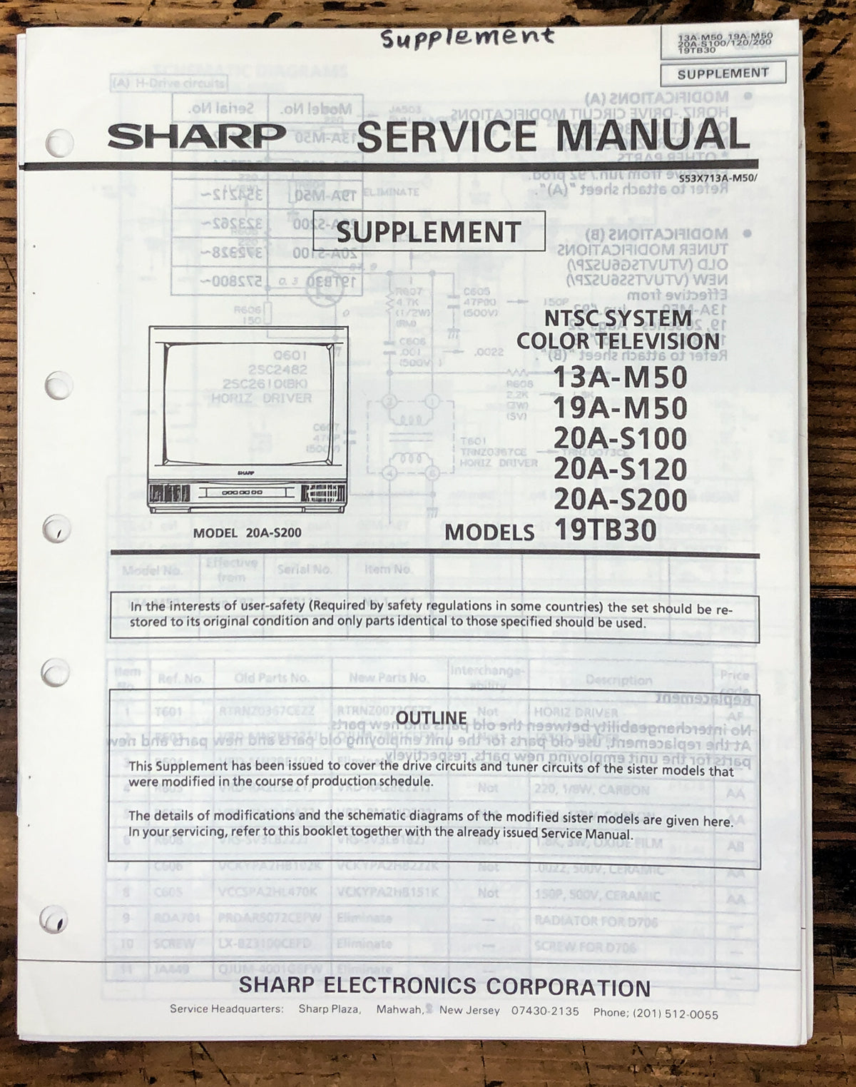 Sharp 13A-M50 19A-M50 20A-S100 TV / Television Service Manual *Original*