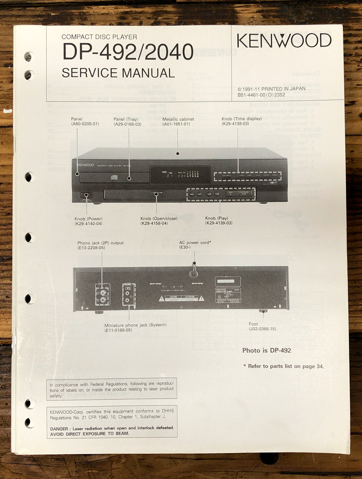 Kenwood DP-492 DP-2040 CD Player  Service Manual *Original*