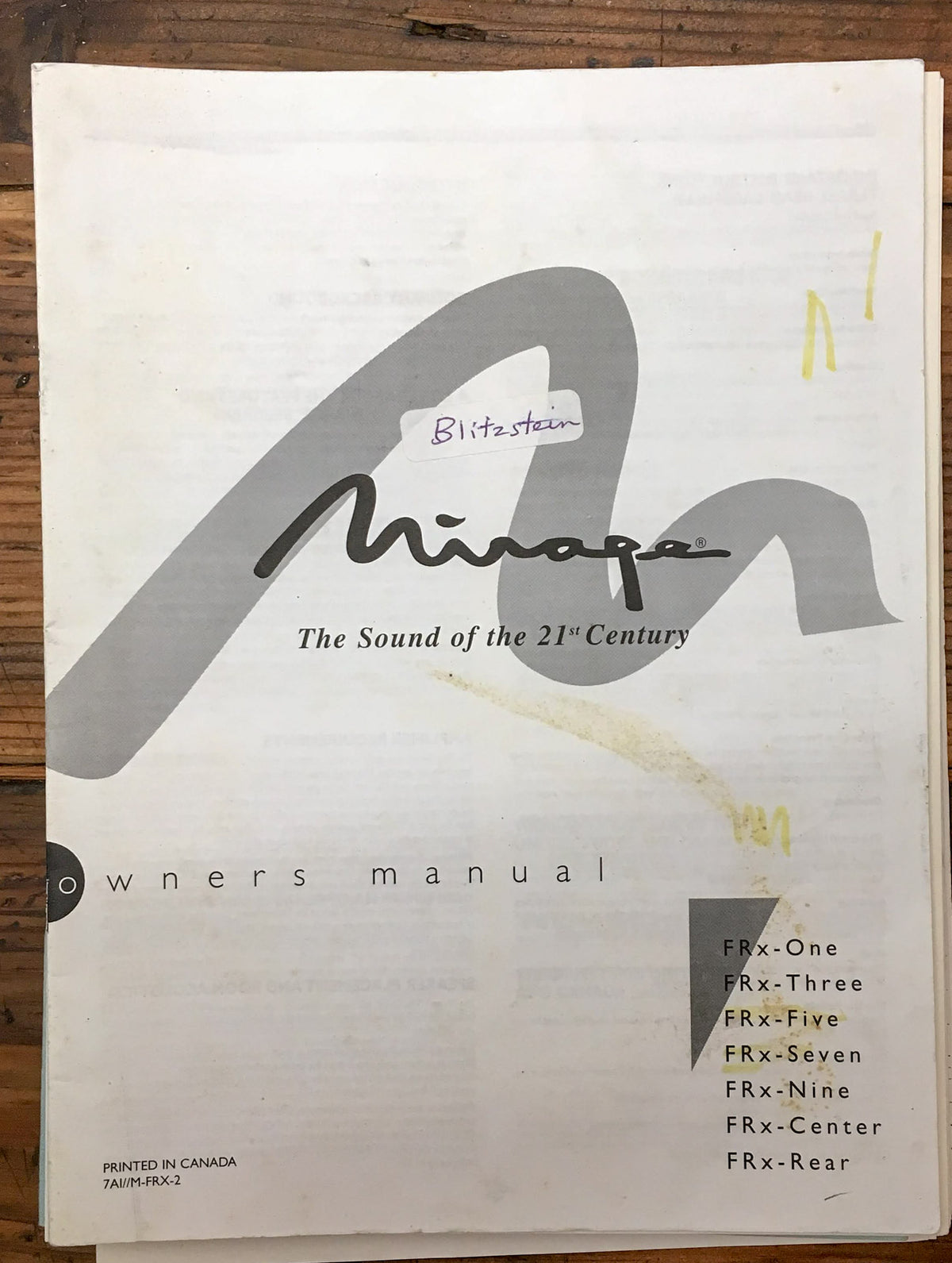 Mirage FRx-One -3 -5 -7 -9 -Center -Rear Speaker  Owners Manual *Original