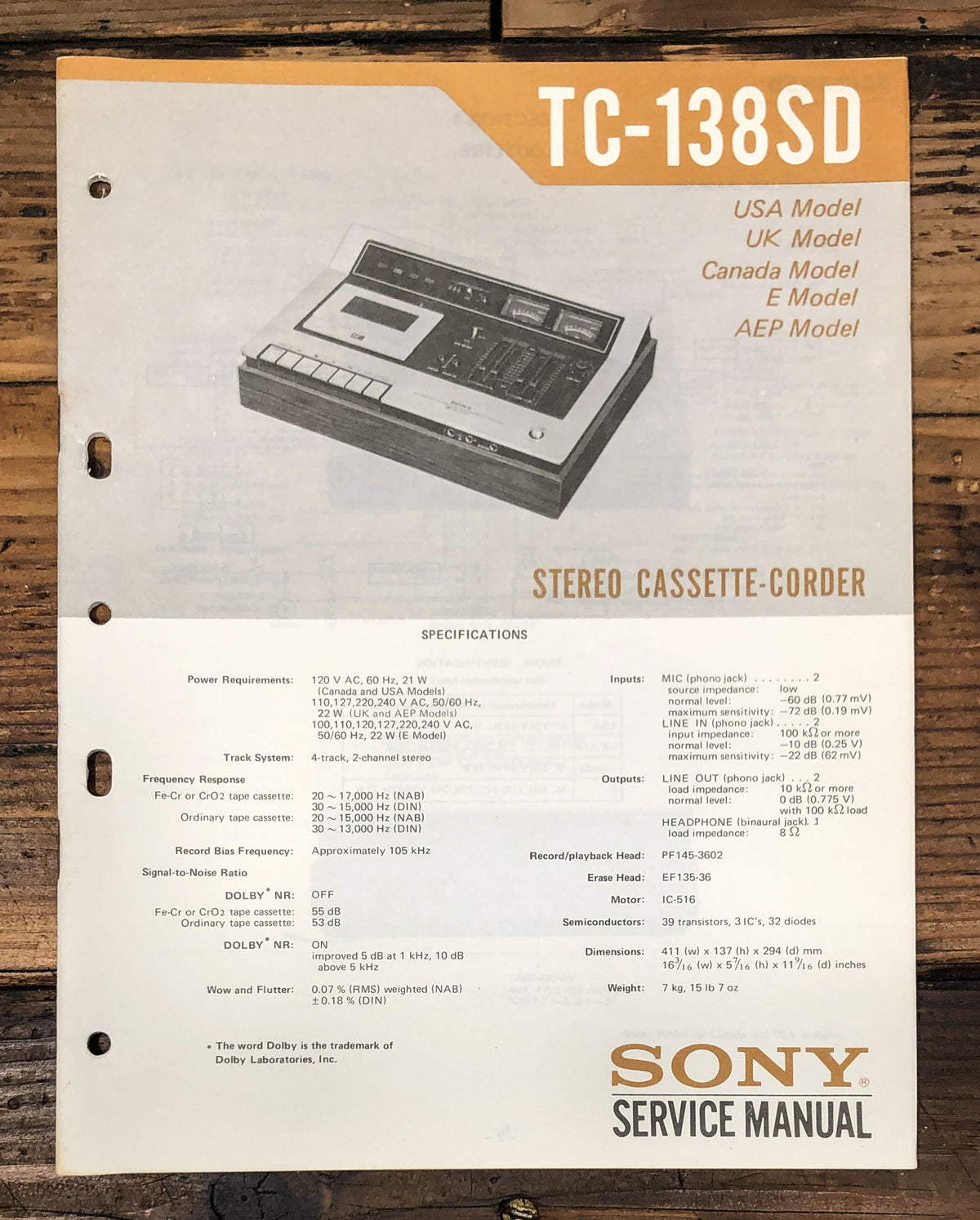 Sony TC-138SD Cassette Service Manual *Original*