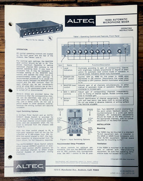 Altec Model 1628A Mixer  Owners Manual & Schematic *Orig*