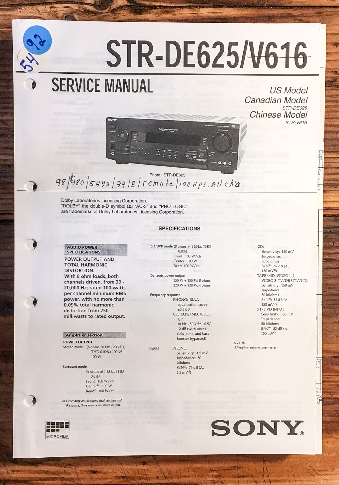 Sony STR-DE625 STR-V616 Receiver  Service Manual *Original*
