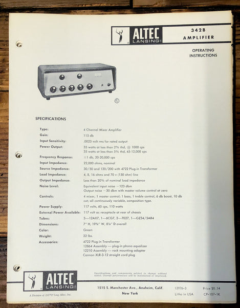 Altec Model 342B Amplifier  Owners Manual & Schematic *Orig* #2