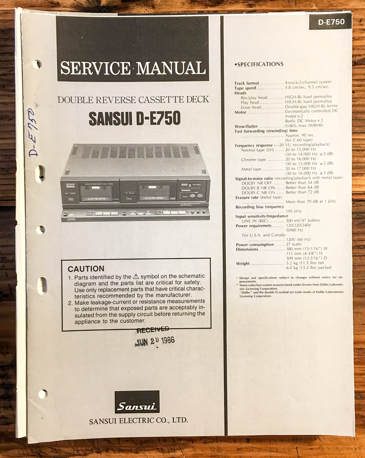Sansui D-E750 Cassette  Service Manual *Original*