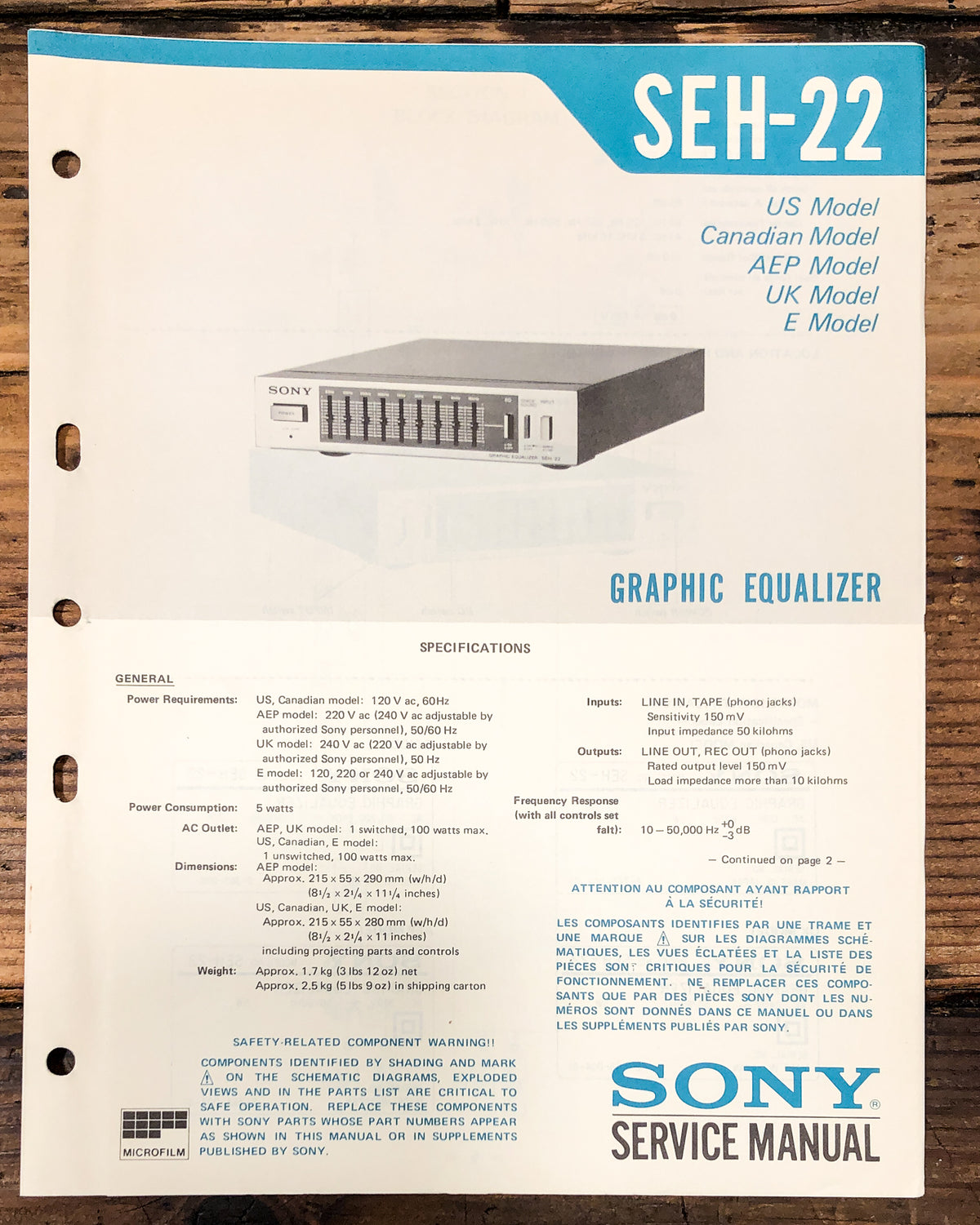 Sony SEH-22 Equalizer Service Manual *Original*