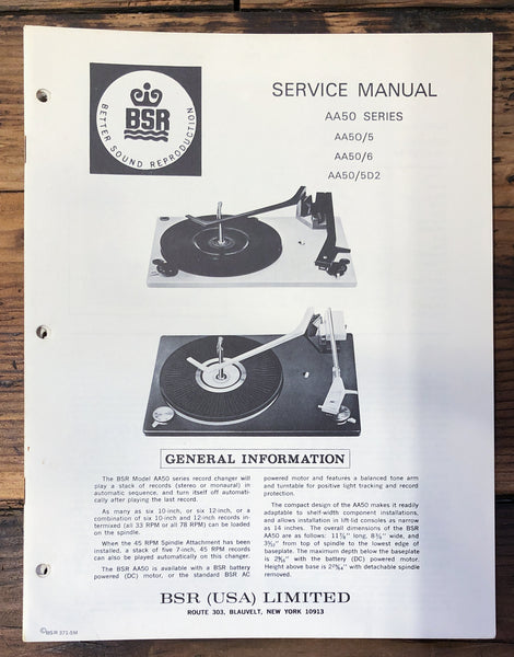 BSR Model AA50 /5 /6 /5D2 Record Player / Turntable  Service Manual *Original*