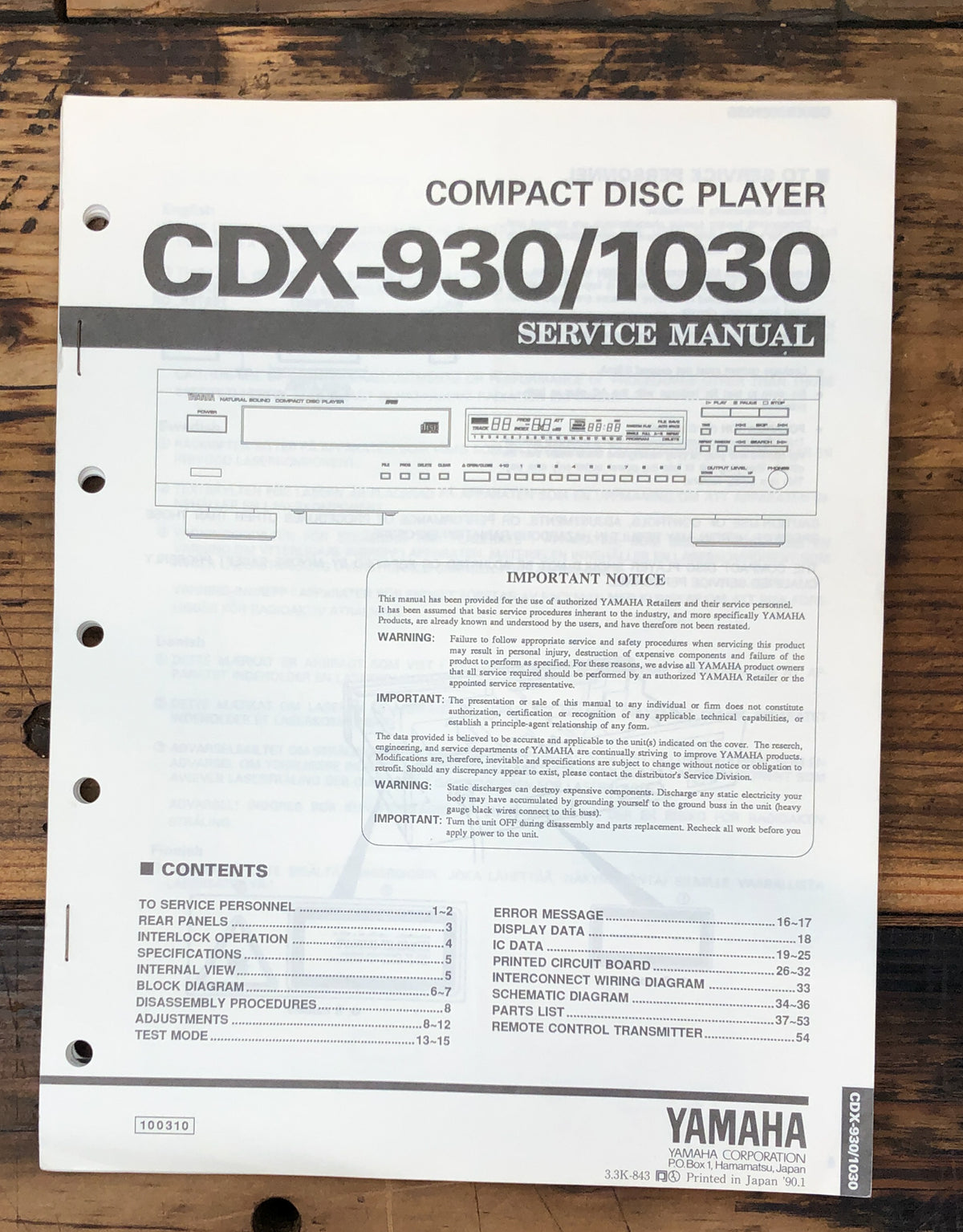 Yamaha CDX-930 CDX-1030 CD Player Service Manual *Original*
