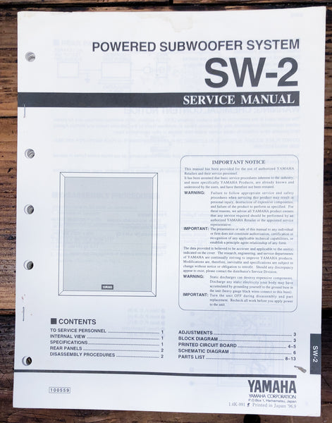 Yamaha SW-2 Powered Subwoofer  Service Manual *Original*