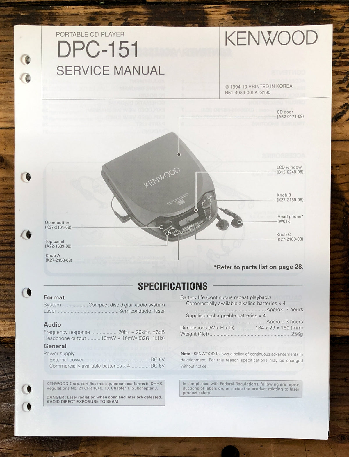 Kenwood DPC-151 CD Player  Service Manual *Original*