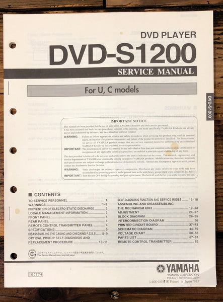Yamaha DVD-S1200 DVD Player  Service Manual *Original*