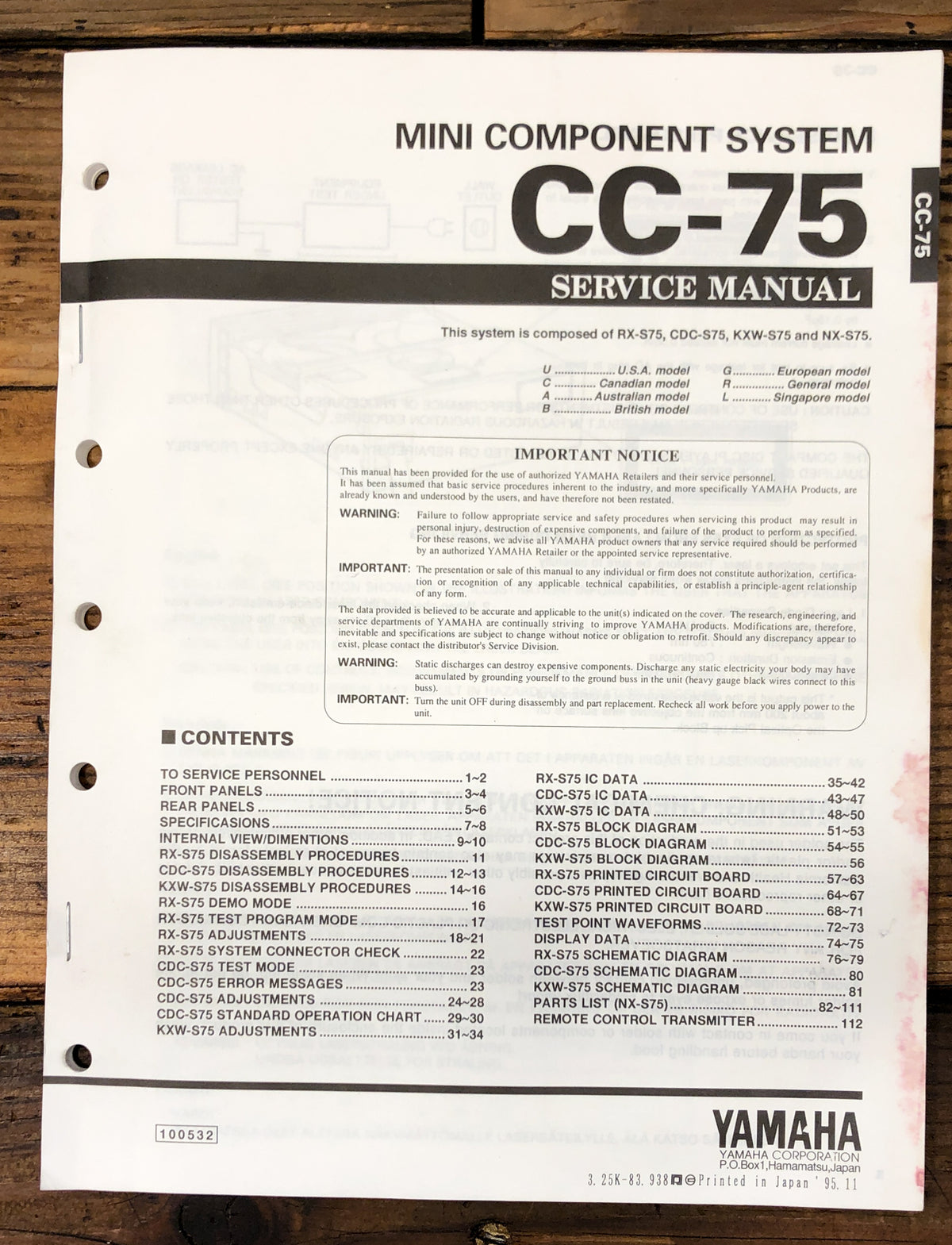 Yamaha CC-75 Stereo Service Manual *Original*