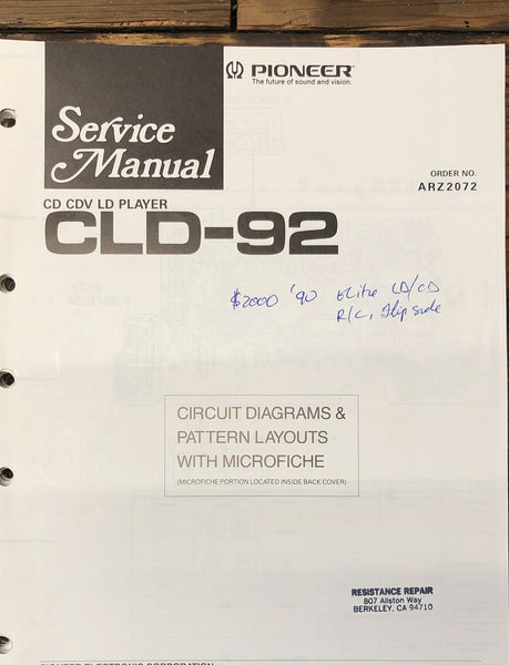 Pioneer CLD-92 CD CDV LD Player  Service Manual *Original*