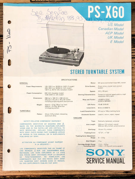 Sony PS-X60 Record Player / Turntable Service Manual *Original*