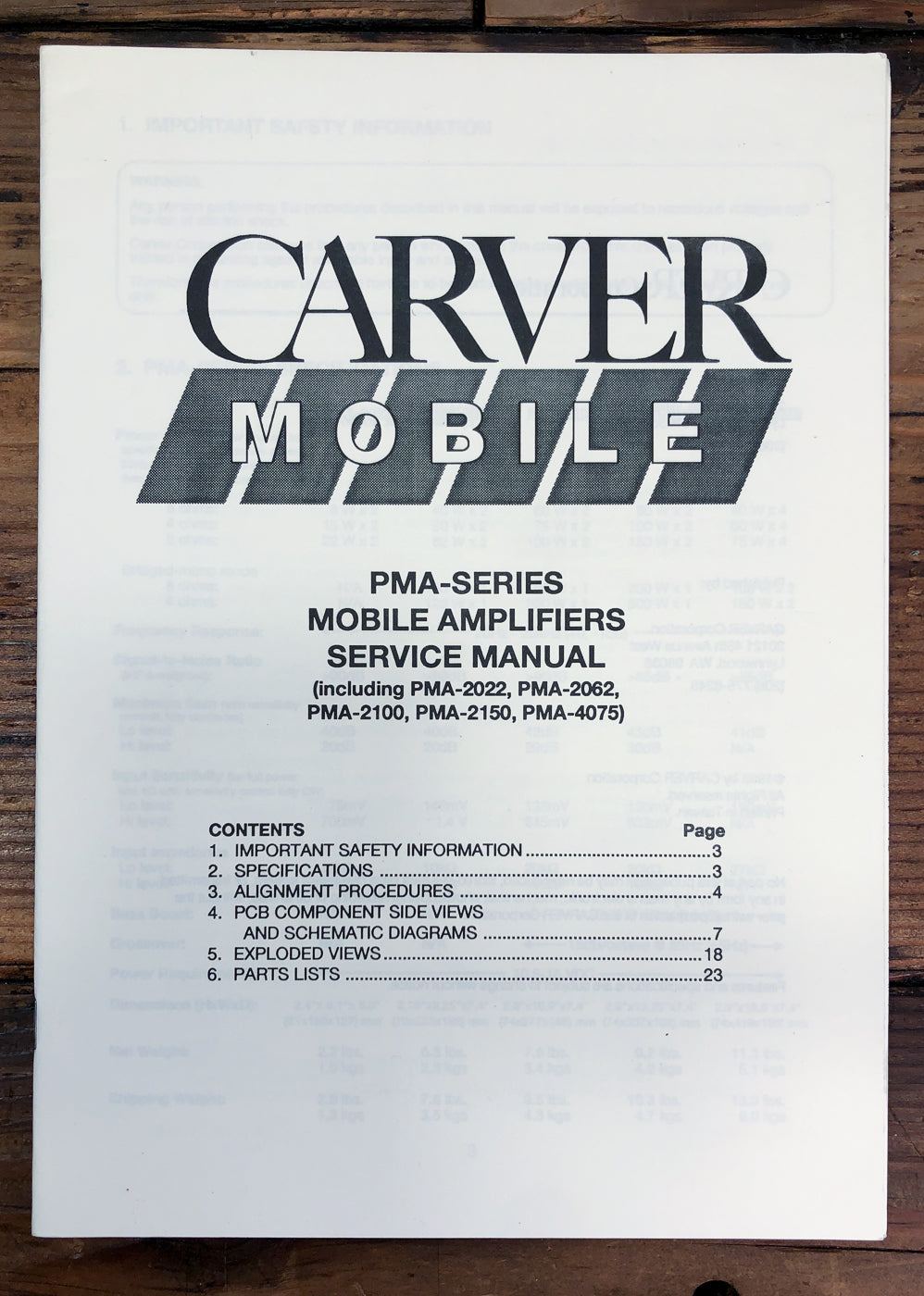 Carver PMA-2022 -2062 -2100 -2150 -4075 Mobile Amplifier Service Manual *Orig*
