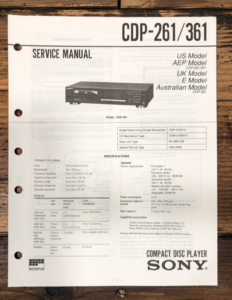 Sony CDP-261 CDP-361 CD Player Service Manual *Original*