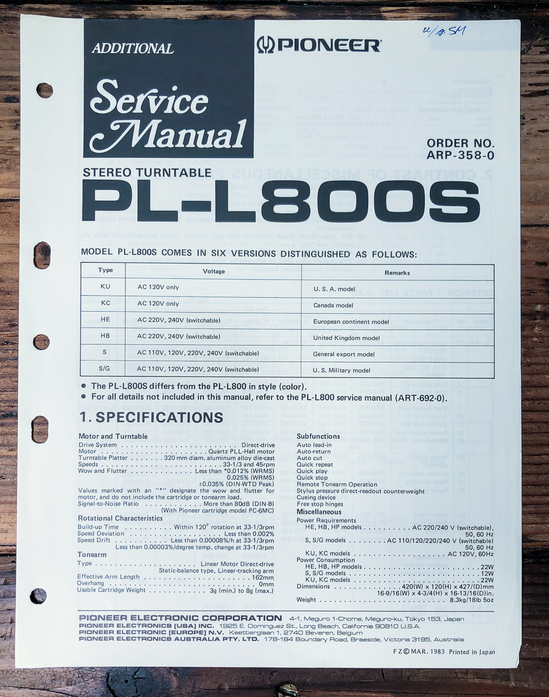 Pioneer PL-L800S Turntable Supp. Service Manual *Original*
