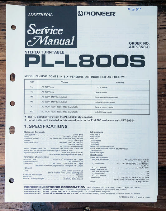 Pioneer PL-L800S Turntable Supp. Service Manual *Original*