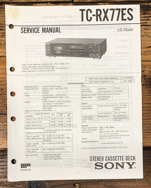 Sony TC-RX77ES Cassette  Service Manual *Original*