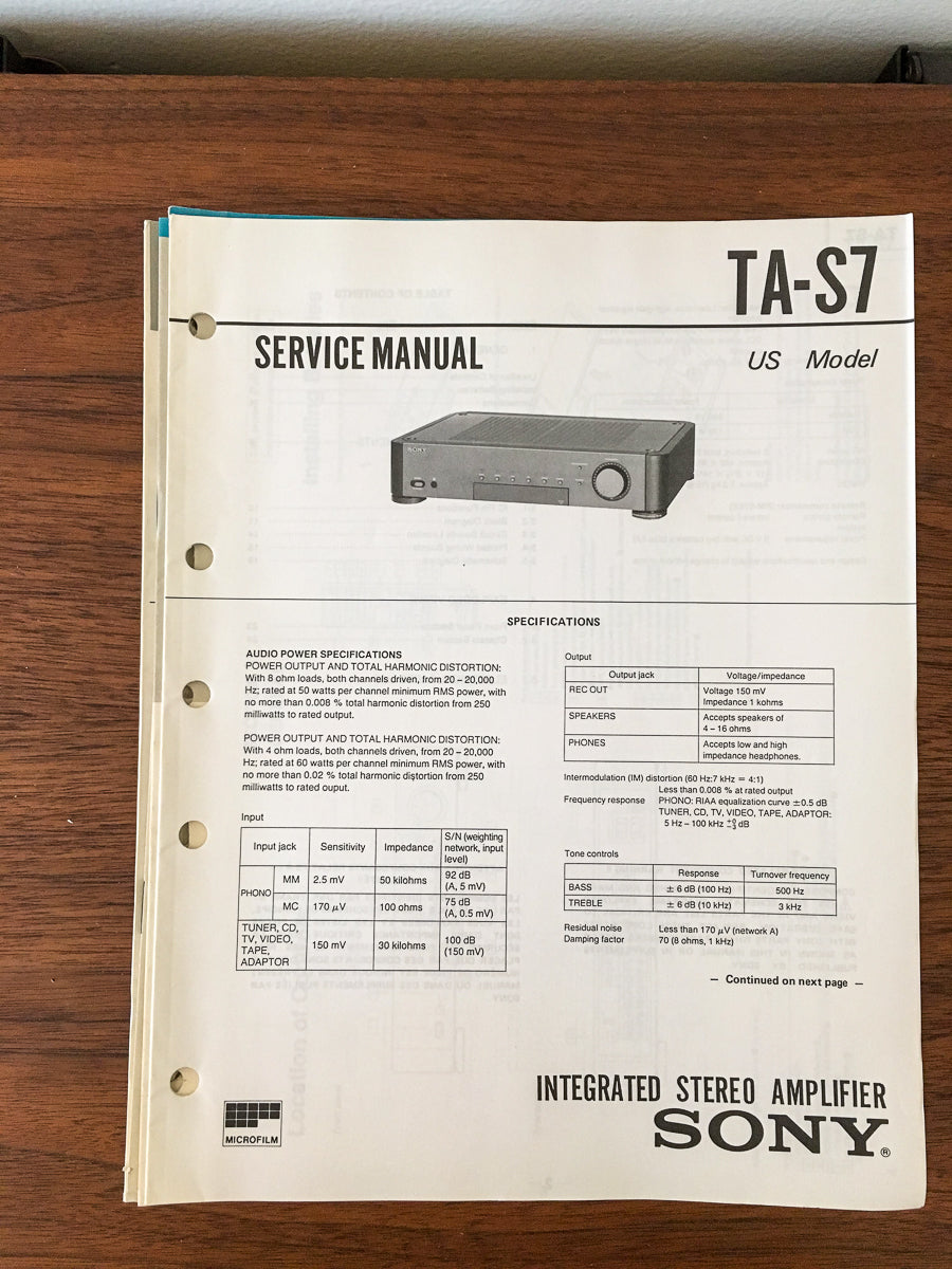 Sony TA-S7 Amplifier Service Manual *Original*