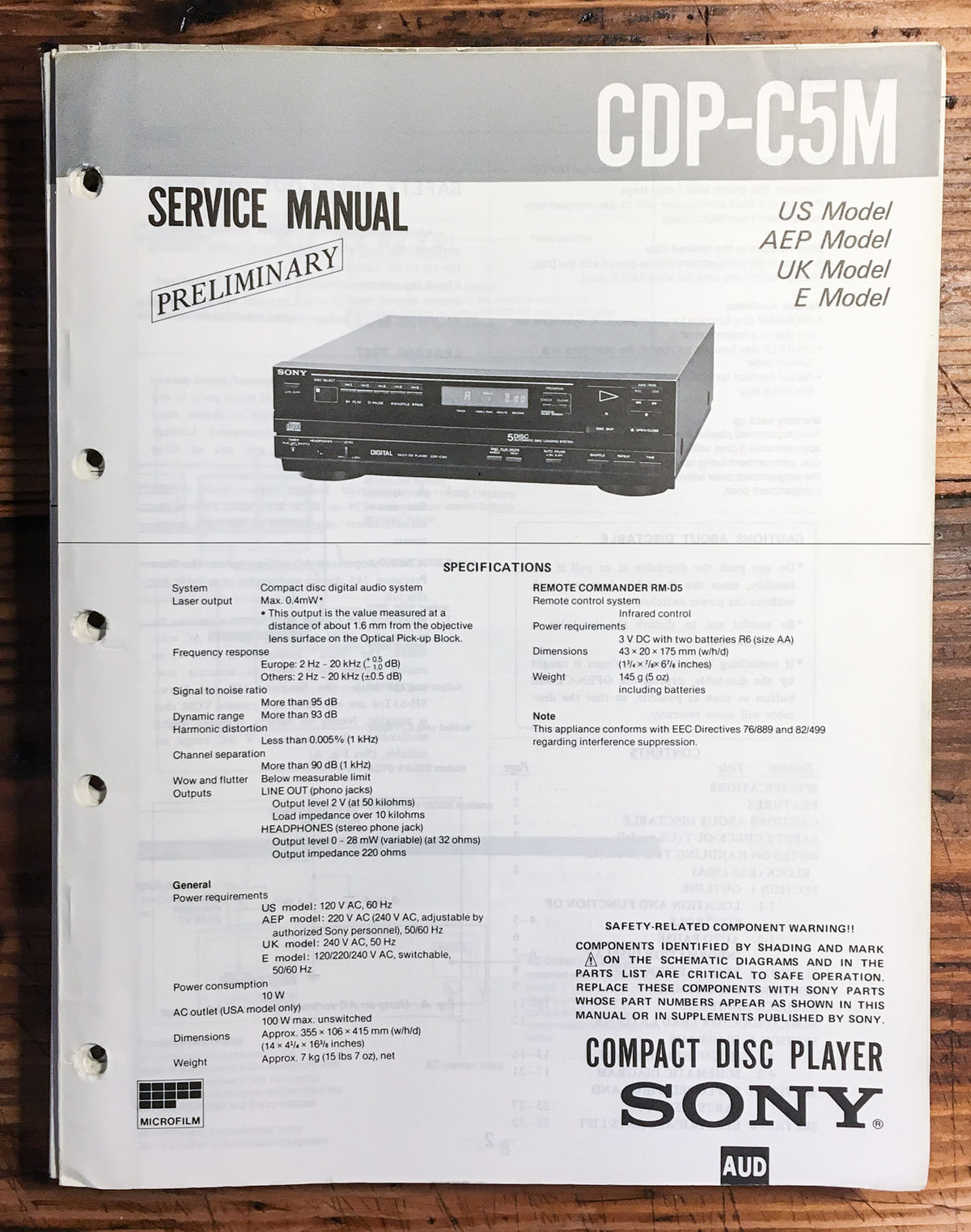 Sony CDP-C5M CD  Player  PRELIM. Service Manual *Original*