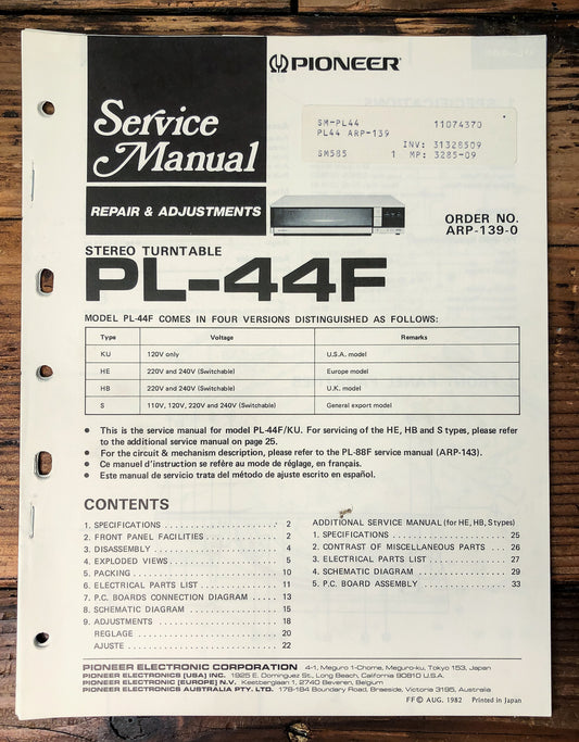 Pioneer PL-44F Turntable Service Manual *Original*