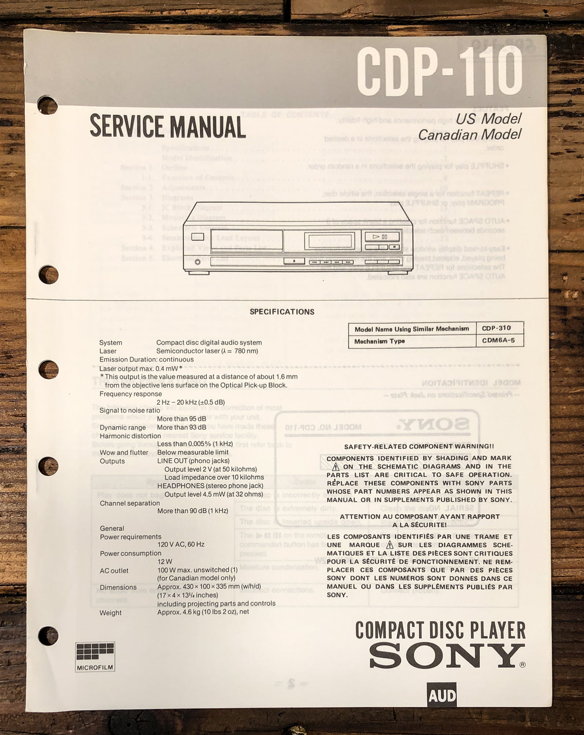Sony CDP-110 CD Player Service Manual *Original*