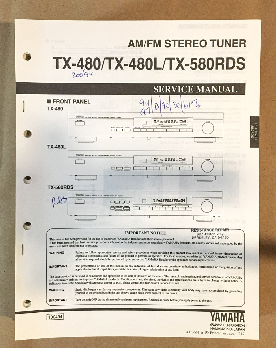 Yamaha TX-480 TX-480L TX-580 RDS Tuner  Service Manual *Original*
